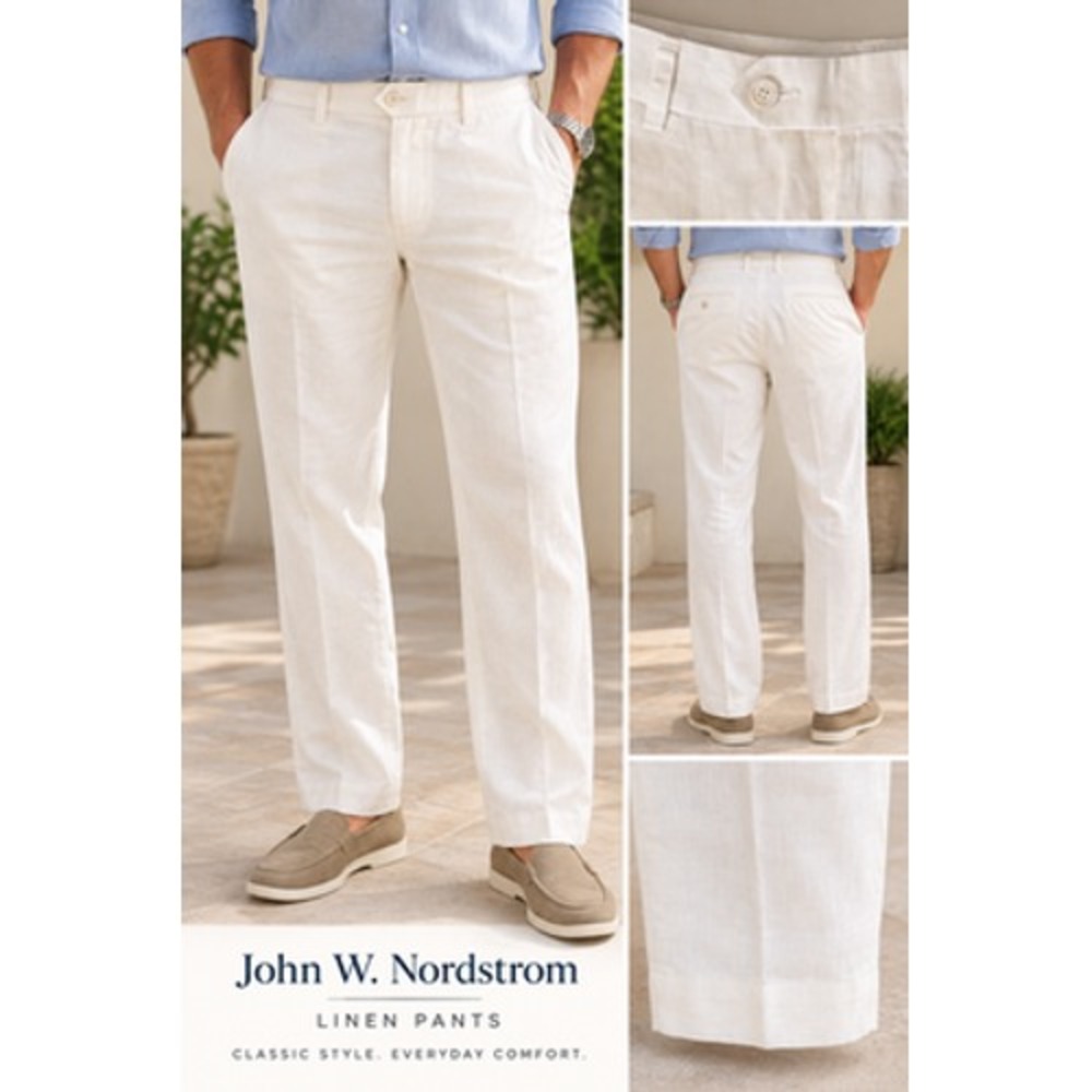 John W Nordstrom Mens Linen Pants 38x30 White Flat Front Dress Trousers